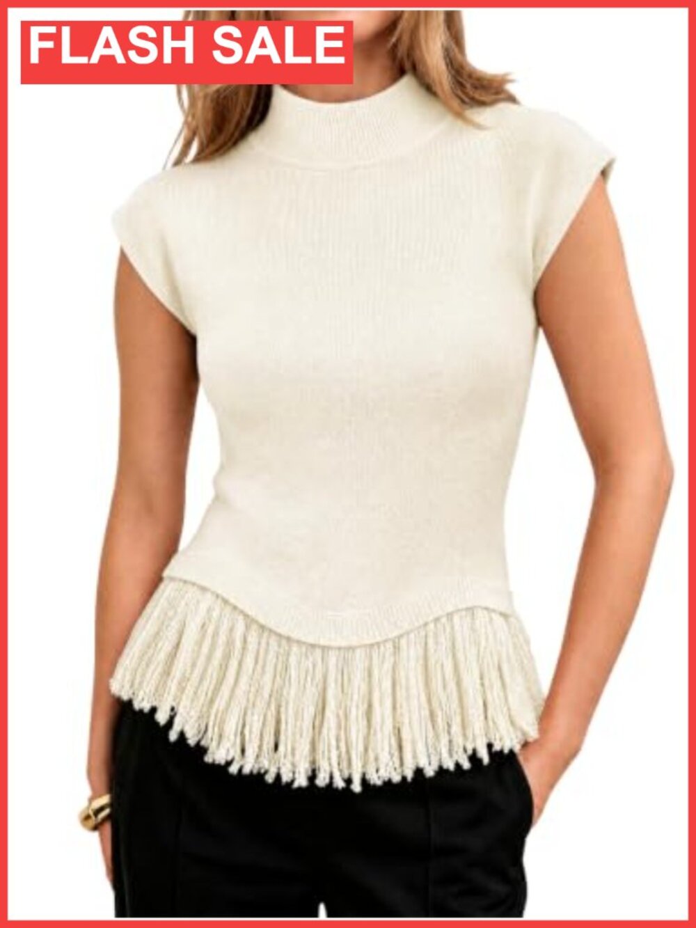 Fringe Mock Neck Sweater Vest Cable Knit Sleeveless Layering Tank Top